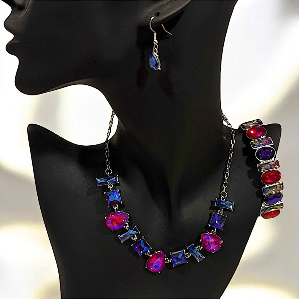 3pc Elegant handcrafted Blue Pink Jewelry Set earrings , bracelet, necklace